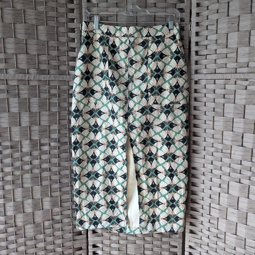 Reiss Midi Skirt Front Slit Green Black Geometric Fan Print Linen & Cotton Sz 6
